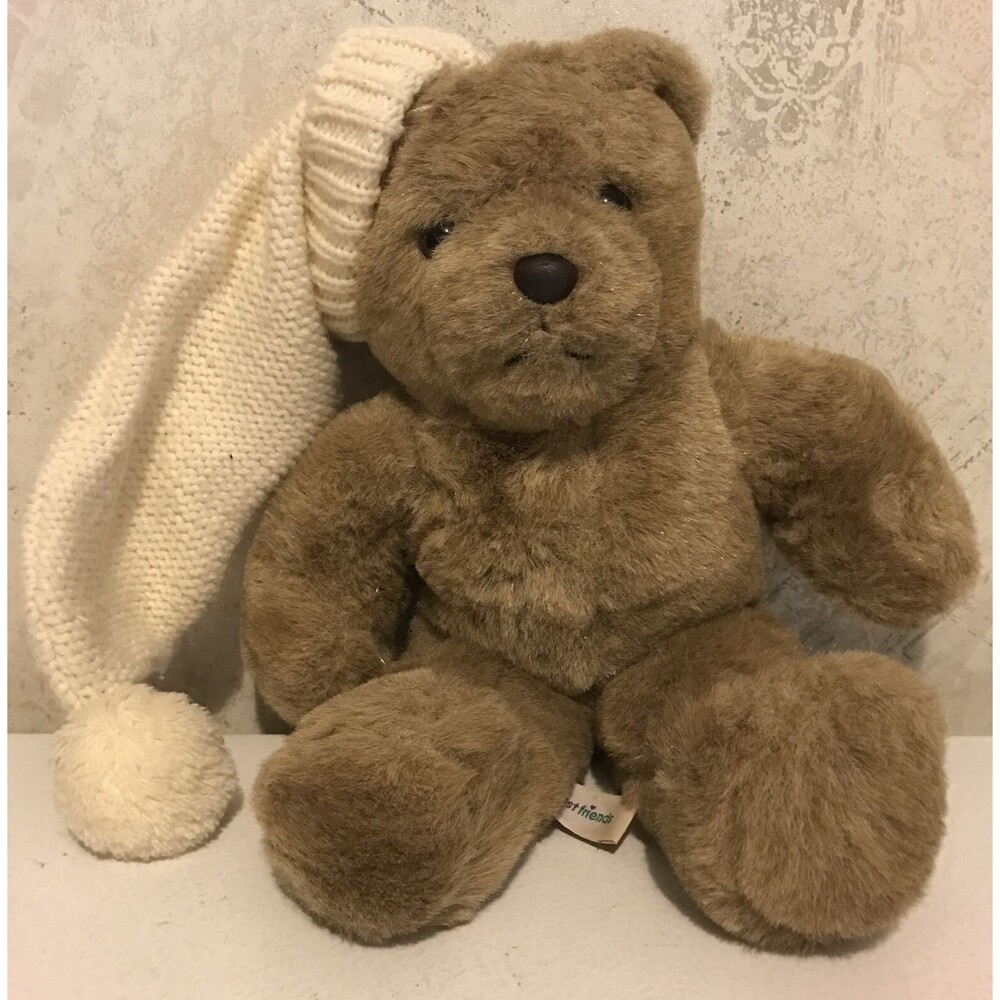 Just Friends 13" Plush Bear Stuffed Animal White Knit Hat  Korea Vintage